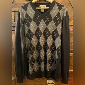 Mario Gilberto Extrafine Merino Wool Argyle V-Neck Sweater Made in Italy XL